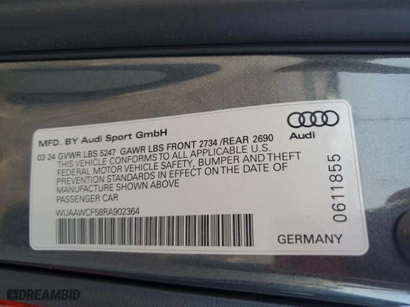 2024 Audi RS 5 Sportback with VIN WUAAWCF58RA902364, listed as a Copart auction lot 85531744 with 2,901 mi miles and Salvage Title. Bid and sale history available at carsss.com. Image 15.