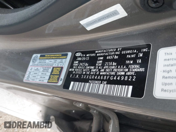 2015 Kia Optima SX Turbo with VIN 5XXGR4A68FG449822, listed as a IAAI auction lot 40480060 with 108,570 mi miles. Bid and sale history available at carsss.com. Image 9.