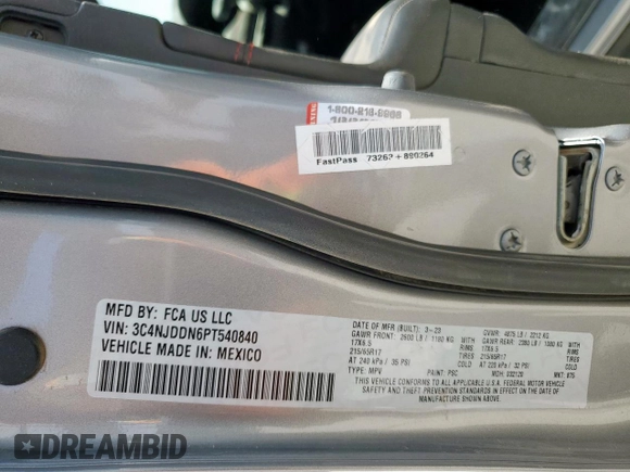 2023 Jeep Compass Trailhawk с VIN 3C4NJDDN6PT540840, выставлен на аукционе Copart как лот 56580895 с пробегом 12 680 миль миль и Списание • Salvage title. История ставок и продаж доступна на DreamBid. Изображение 13.
