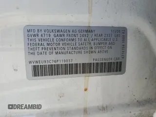2006 Volkswagen Passat 3.6L V6 with VIN WVWEU93C76P119037, listed as a Copart auction lot 87653485 with 114,863 mi miles and Salvage title. Bid and sale history available at DreamBid. Image 14.