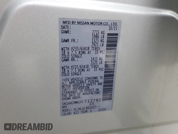 2015 Nissan Pathfinder SL с VIN 5N1AR2MM1FC712782, выставлен на аукционе Copart как лот 51149285 с пробегом 150 306 миль миль и Списание • Salvage title. История ставок и продаж доступна на DreamBid. Изображение 15.