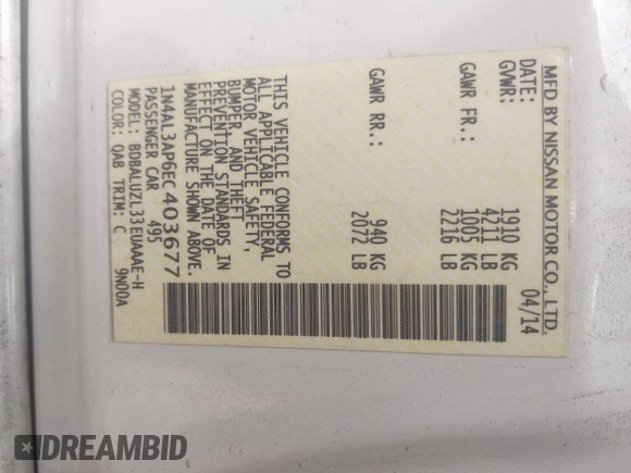2014 Nissan Altima SV with VIN 1N4AL3AP6EC403677, listed as a IAAI auction lot 42034449 with 96,424 mi miles and . Bid and sale history available at DreamBid. Image 9.