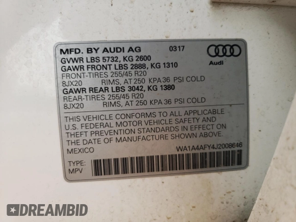 2018 Audi SQ5 Premium Plus with VIN WA1A4AFY4J2008646, listed as a Copart auction lot 47783603 with 63,074 mi miles. Bid and sale history available at carsss.com. Image 15.