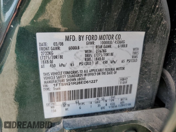 2008 Ford F-250 XL z VIN 1FTSW21R28ED61227, wystawiony jako Copart lot #57087825 z przebiegiem 297 646 mil mil oraz Czysty tytuł • Clean title. Historia ofert i sprzedaży dostępna na DreamBid. Obrazek 12.