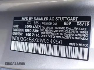 2019 Mercedes-Benz A 220 with VIN WDD3G4EBXKW034950, listed as a IAAI auction lot 41905976 with 111,102 mi miles and . Bid and sale history available at DreamBid. Image 9.