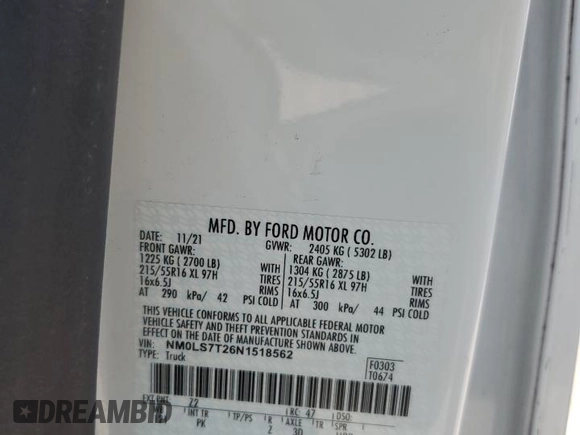 2022 Ford Transit Connect XLT with VIN NM0LS7T26N1518562, listed as a Copart auction lot 65945404 with 134,946 mi miles and Clean title. Bid and sale history available at DreamBid. Image 13.