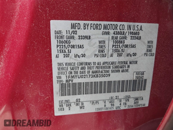2003 Ford Escape XLS Popular with VIN 1FMYU02173KB35039, listed as a IAAI auction lot 42027491 with 208,808 mi miles and . Bid and sale history available at DreamBid. Image 9.
