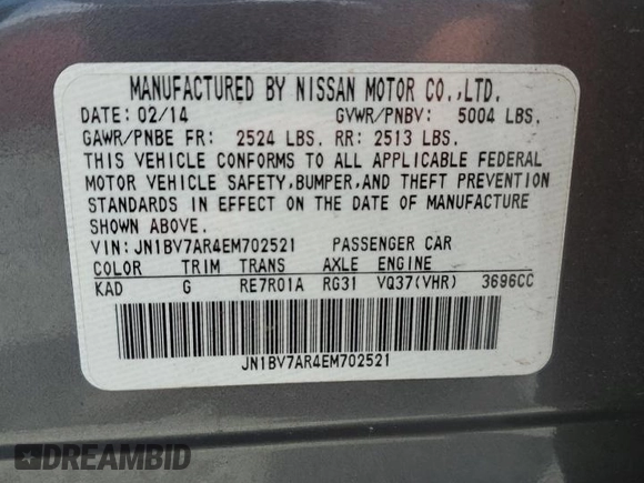 2014 Infiniti Q50 Sport with VIN JN1BV7AR4EM702521, listed as a Copart auction lot 61017205 with 61,317 mi miles and Salvage title. Bid and sale history available at DreamBid. Image 12.