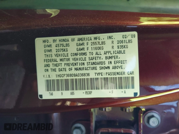 2009 Honda Accord EX-L with VIN 1HGCP36809A036836, listed as a IAAI auction lot 41491455 with 176,503 mi miles and . Bid and sale history available at DreamBid. Image 9.