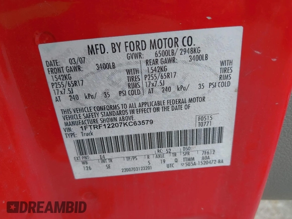 2007 Ford F-150 XL with VIN 1FTRF12207KC63579, listed as a IAAI auction lot 42656138 with 244,826 mi miles and . Bid and sale history available at DreamBid. Image 9.
