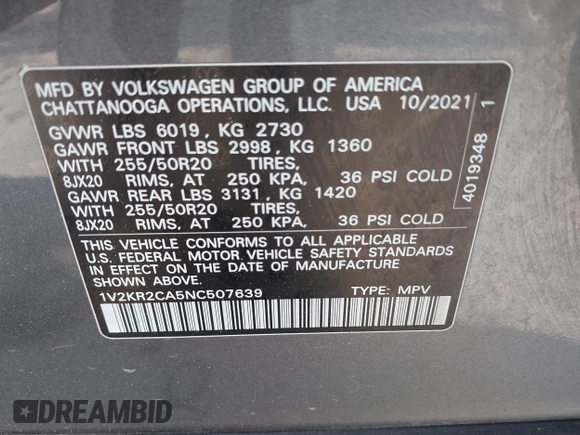 2022 Volkswagen Atlas 3.6L V6 SE w/Technology with VIN 1V2KR2CA5NC507639, listed as a IAAI auction lot 41704779 with 101,267 mi miles. Bid and sale history available at carsss.com. Image 9.