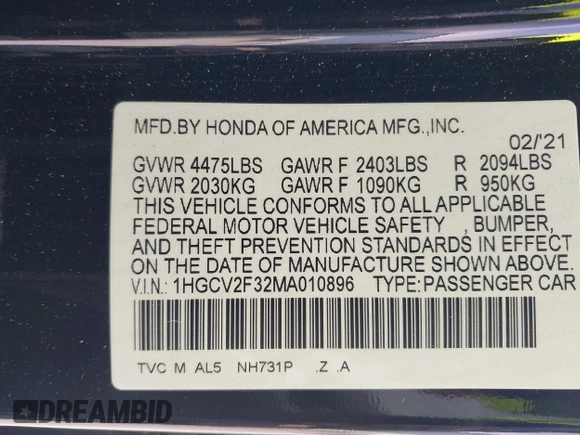 2021 Honda Accord Sport with VIN 1HGCV2F32MA010896, listed as a IAAI auction lot 42461207 with 44,902 mi miles and . Bid and sale history available at DreamBid. Image 9.
