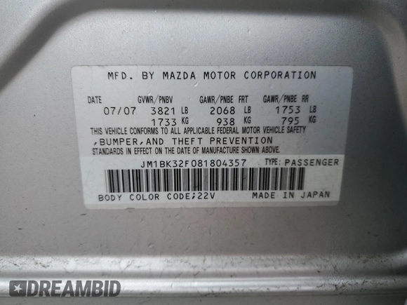 2008 Mazda 3 Sport with VIN JM1BK32F081804357, listed as a Copart auction lot 47356055 with 91,200 mi miles and Salvage Title. Bid and sale history available at DreamBid. Image 14.