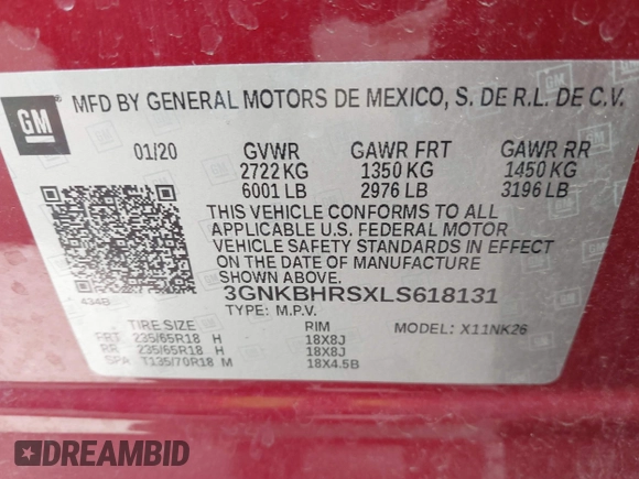 2020 Chevrolet Blazer LT with VIN 3GNKBHRSXLS618131, listed as a IAAI auction lot 41663943 with 38,943 mi miles and . Bid and sale history available at DreamBid. Image 9.