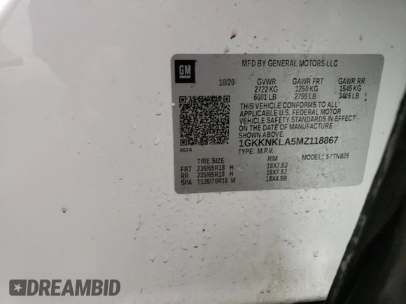 2021 GMC Acadia SLE with VIN 1GKKNKLA5MZ118867, listed as a Copart auction lot 46903215 with 55,016 mi miles and Clean Title. Bid and sale history available at DreamBid. Image 13.