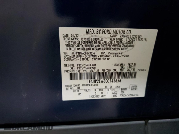 2012 Ford Taurus SEL z VIN 1FAHP2EW6CG143656, wystawiony jako Copart lot #60058705 z przebiegiem 169 900 mil mil oraz Szkoda całkowita • Salvage title. Historia ofert i sprzedaży dostępna na DreamBid. Obrazek 13.