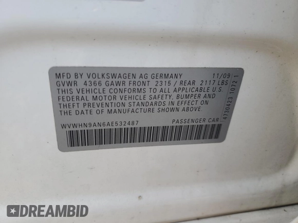 2010 Volkswagen CC with VIN WVWHN9AN6AE532487, listed as a Copart auction lot 74472224 with 119,629 mi miles and Salvage Title. Bid and sale history available at DreamBid. Image 12.