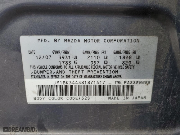 2008 Mazda Mazda3 s Sport with VIN JM1BK344381871417, listed as a Copart auction lot 51121175 with 170,040 mi miles and Salvage Title. Bid and sale history available at carsss.com. Image 13.