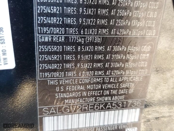 2019 Land Rover Range Rover Autobiography with VIN SALGV2RE6KA531736, listed as a Copart auction lot 72384494 with 73,572 mi miles and Salvage Title. Bid and sale history available at carsss.com. Image 15.