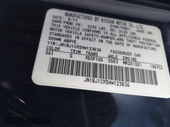 2017 Nissan Rogue Sport S with VIN JN1BJ1CR5HW123634, listed as a IAAI auction lot 42094777 with 93,101 mi miles. Bid and sale history available at carsss.com. Image 9.