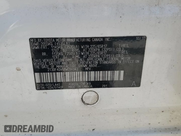 2011 Toyota RAV4 Limited with VIN 2T3DF4DV0BW094943, listed as a Copart auction lot 65675485 with 249,797 mi miles and Salvage title. Bid and sale history available at DreamBid. Image 14.