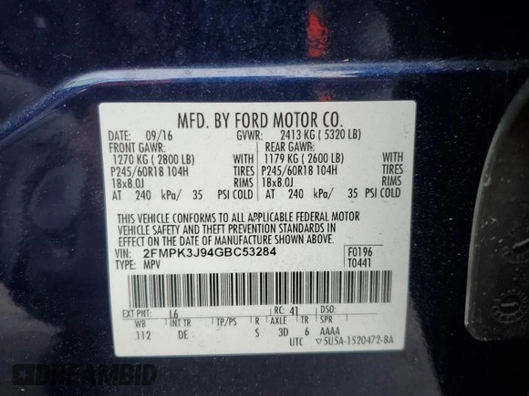 2016 Ford Edge SEL with VIN 2FMPK3J94GBC53284, listed as a Copart auction lot 44922125 with 138,936 mi miles and Salvage Title. Bid and sale history available at carsss.com. Image 13.