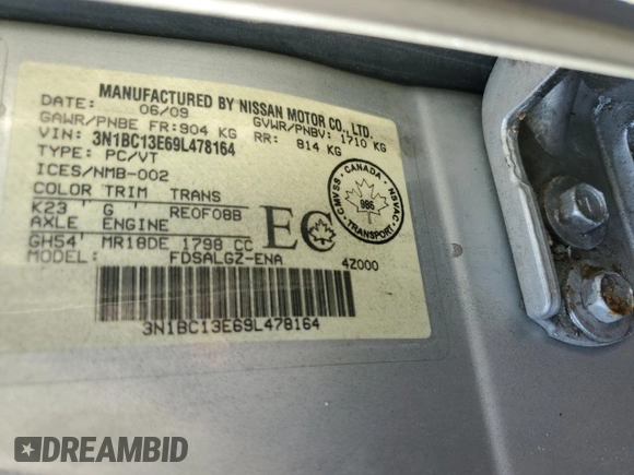 2009 Nissan Versa S with VIN 3N1BC13E69L478164, listed as a Copart auction lot 62838835 with 182,261 mi miles and Clean title. Bid and sale history available at DreamBid. Image 13.