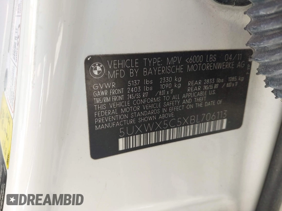 2011 BMW X3 28i with VIN 5UXWX5C5XBL706113, listed as a IAAI auction lot 41675634 with 181,034 mi miles and . Bid and sale history available at DreamBid. Image 9.
