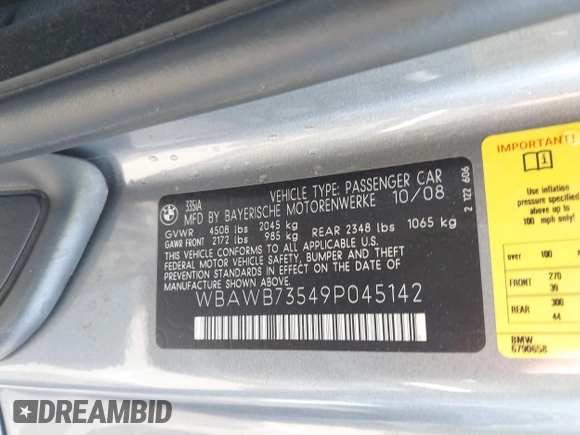 2009 BMW 3 Series 335i with VIN WBAWB73549P045142, listed as a IAAI auction lot 41868019 with 99,789 mi miles and . Bid and sale history available at DreamBid. Image 9.