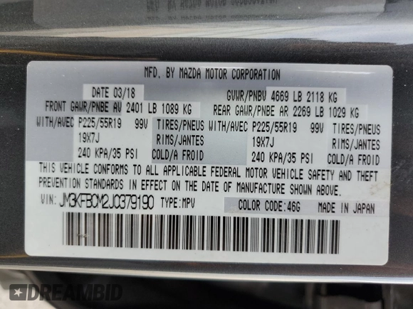 2018 Mazda CX-5 Touring z VIN JM3KFBCM2J0379190, wystawiony jako Copart lot #59233075 z przebiegiem 51 985 mil mil oraz Szkoda całkowita • Salvage title. Historia ofert i sprzedaży dostępna na DreamBid. Obrazek 13.