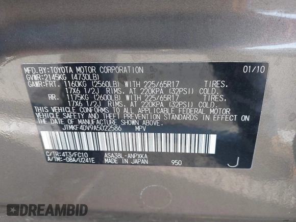 2010 Toyota RAV4 with VIN JTMKF4DV9A5022586, listed as a IAAI auction lot 42625910 with 109,773 mi miles and . Bid and sale history available at DreamBid. Image 9.