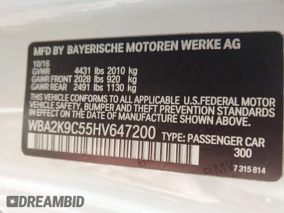 2017 BMW 2 Series 230i with VIN WBA2K9C55HV647200, listed as a IAAI auction lot 41522478 with 81,365 mi miles and . Bid and sale history available at DreamBid. Image 9.