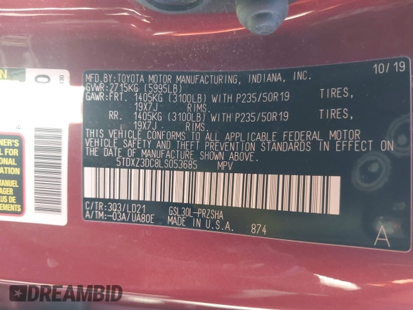 2020 Toyota Sienna SE with VIN 5TDXZ3DC8LS053685, listed as a IAAI auction lot 42304380 with 40,812 mi miles and . Bid and sale history available at DreamBid. Image 9.