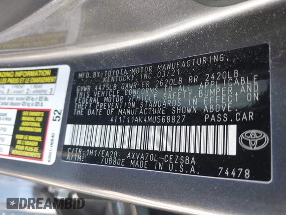 2021 Toyota Camry SE Nightshade with VIN 4T1T11AK4MU568827, listed as a IAAI auction lot 41640231 with 59,905 mi miles and . Bid and sale history available at DreamBid. Image 9.
