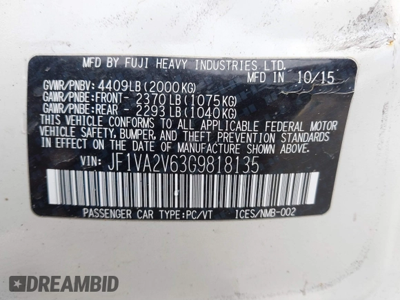2016 Subaru WRX STI with VIN JF1VA2V63G9818135, listed as a IAAI auction lot 41465148 with 52,000 mi miles and . Bid and sale history available at DreamBid. Image 9.