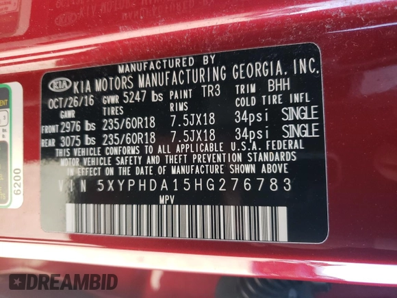 2017 Kia Sorento EX with VIN 5XYPHDA15HG276783, listed as a Copart auction lot 87602165 with 127,135 mi miles and Salvage Title. Bid and sale history available at carsss.com. Image 14.
