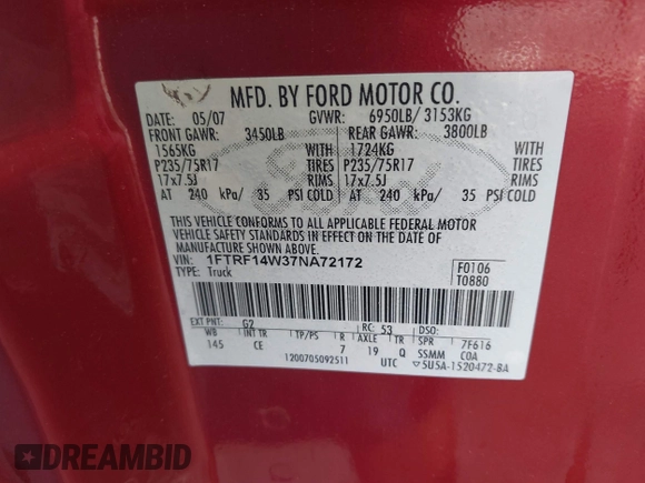 2007 Ford F-150 XL with VIN 1FTRF14W37NA72172, listed as a IAAI auction lot 42766079 with 188,648 mi miles and . Bid and sale history available at DreamBid. Image 9.