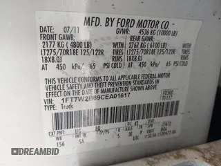 2012 Ford F-250 XL with VIN 1FT7W2B69CEA01617, listed as a IAAI auction lot 42425971 with 135,321 mi miles and . Bid and sale history available at DreamBid. Image 9.