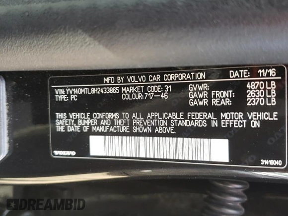2017 Volvo S60 Dynamic with VIN YV140MTL8H2433865, listed as a Copart auction lot 54534305 with 143,416 mi miles and Salvage title. Bid and sale history available at DreamBid. Image 12.