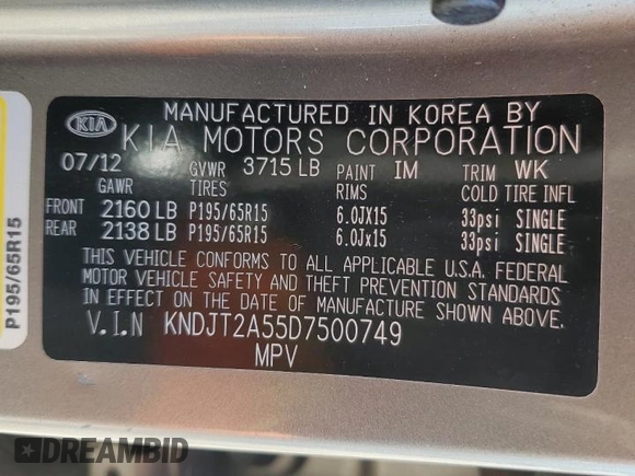 2013 Kia Soul with VIN KNDJT2A55D7500749, listed as a Copart auction lot 48377645 with 98,240 mi miles and Salvage Title. Bid and sale history available at DreamBid. Image 12.