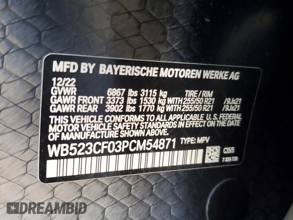 2023 BMW iX xDrive50 with VIN WB523CF03PCM54871, listed as a Copart auction lot 45988445 with 21,056 mi miles and Salvage Title. Bid and sale history available at carsss.com. Image 12.