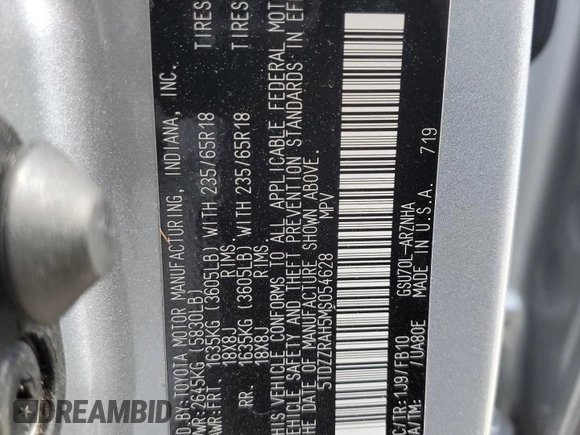 2021 Toyota Highlander L with VIN 5TDZZRAH5MS054628, listed as a Copart auction lot 51449925 with Not provided miles and Salvage title. Bid and sale history available at DreamBid. Image 13.