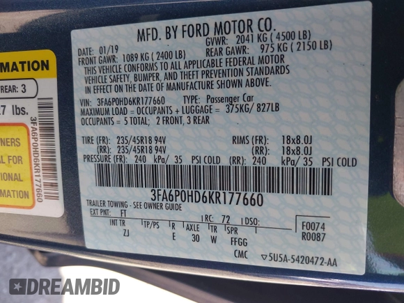 2019 Ford Fusion SE with VIN 3FA6P0HD6KR177660, listed as a IAAI auction lot 42164831 with 66,585 mi miles and . Bid and sale history available at DreamBid. Image 9.