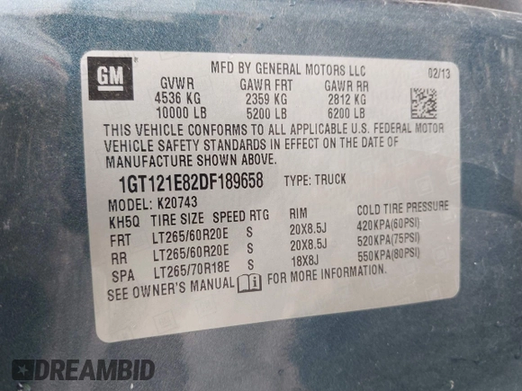 2013 GMC Sierra 2500HD SLT with VIN 1GT121E82DF189658, listed as a IAAI auction lot 42080921 with 160,616 mi miles and . Bid and sale history available at DreamBid. Image 9.