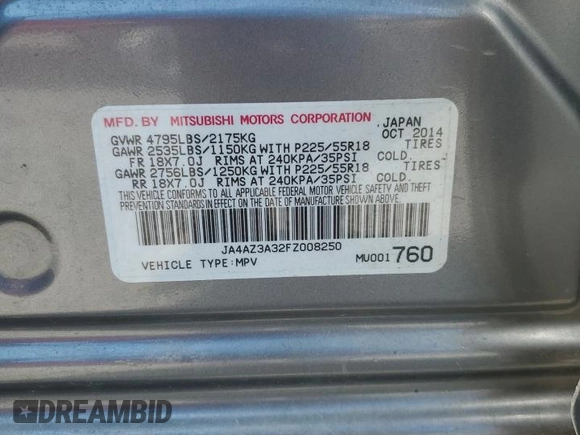 2015 Mitsubishi Outlander SE with VIN JA4AZ3A32FZ008250, listed as a Copart auction lot 62497555 with Not provided miles and Salvage title. Bid and sale history available at DreamBid. Image 13.