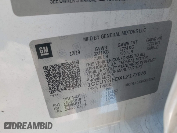 2020 Chevrolet Silverado 1500 LTZ with VIN 1GCUYGEDXLZ177976, listed as a IAAI auction lot 41621399 with 129,578 mi miles and . Bid and sale history available at DreamBid. Image 9.