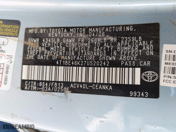 2007 Toyota Camry CE with VIN 4T1BE46K27U520242, listed as a IAAI auction lot 42051586 with 209,371 mi miles. Bid and sale history available at carsss.com. Image 9.