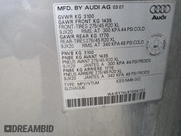 2007 Audi Q7 Premium Plus with VIN WA1EY74L67D091137, listed as a Copart auction lot 79354994 with 141,850 mi miles and Clean title. Bid and sale history available at DreamBid. Image 13.
