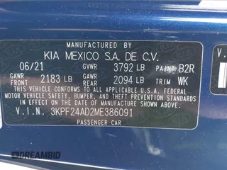 2021 Kia Forte LXS with VIN 3KPF24AD2ME386091, listed as a IAAI auction lot 41866112 with 42,430 mi miles. Bid and sale history available at carsss.com. Image 9.