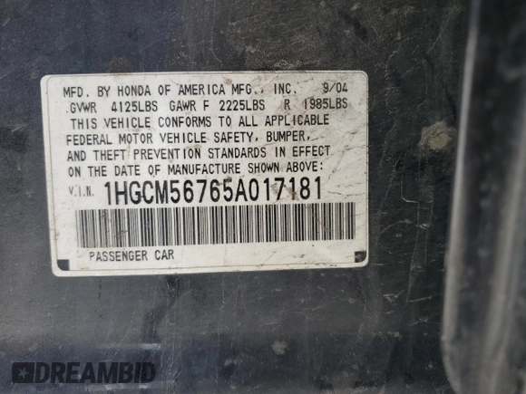 2005 Honda Accord EX with VIN 1HGCM56765A017181, listed as a Copart auction lot 86610234 with 243,279 mi miles and Clean Title. Bid and sale history available at DreamBid. Image 12.